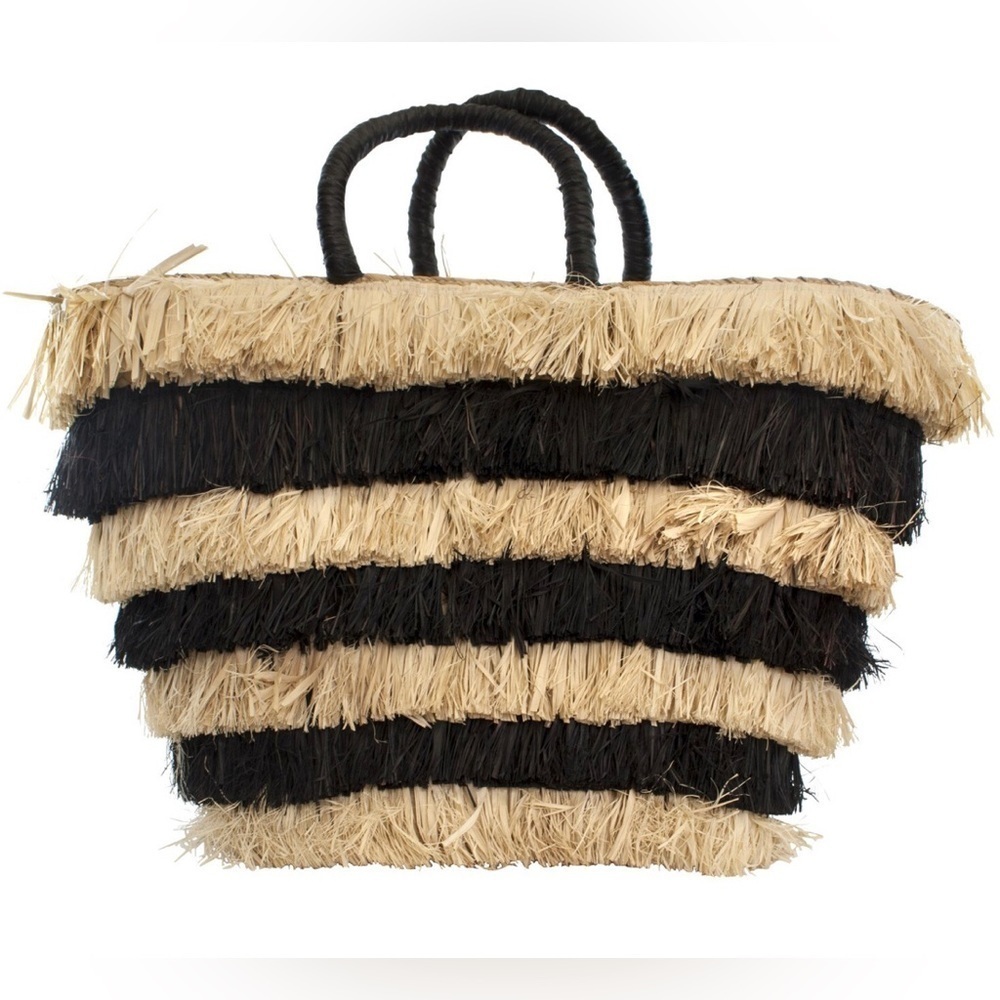 KAYU PIÑATA  FRINGE STRAW TOTE BLACK AND‎ TAN LEATHER HANDLE​​​​​